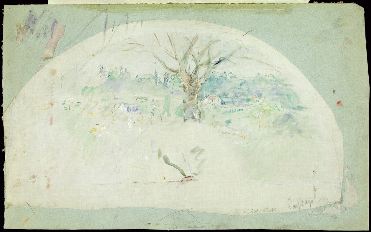 Wachlarz przedstawiający Bougival, 1884 (olej, ołówek i wc na jedwabiu) autorstwa Berthe Morisot