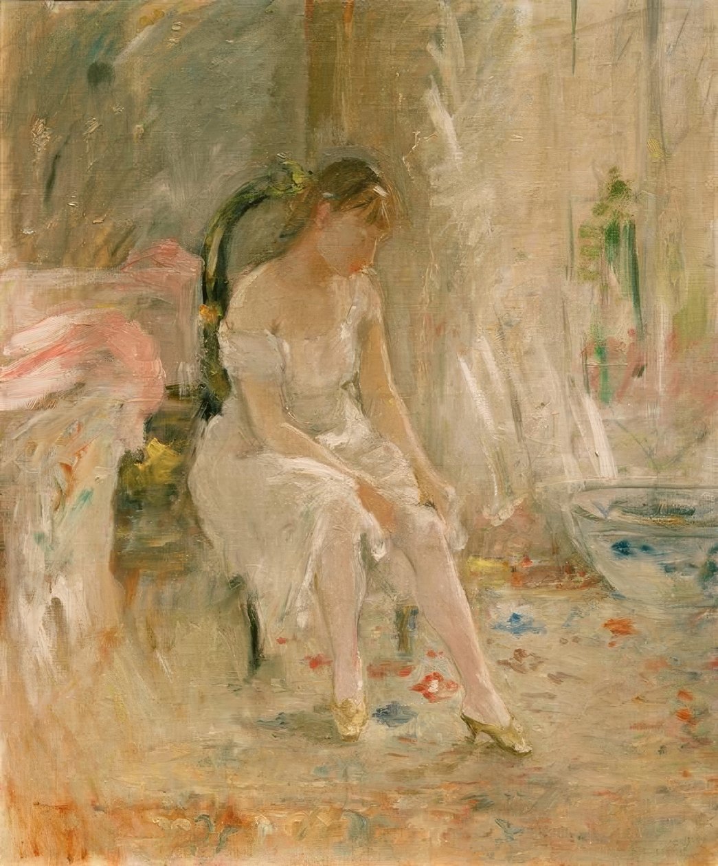 Kobieta ubierająca się lub młoda dziewczyna zakładająca pończochy autorstwa Berthe Morisot