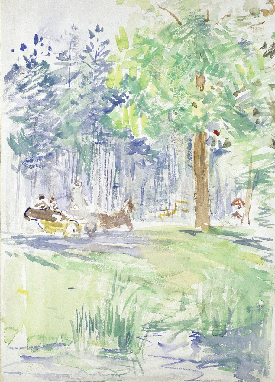 Koń i powóz na leśnej drodze, po 1883 (akwarela na białym papierze tkanym) autorstwa Berthe Morisot