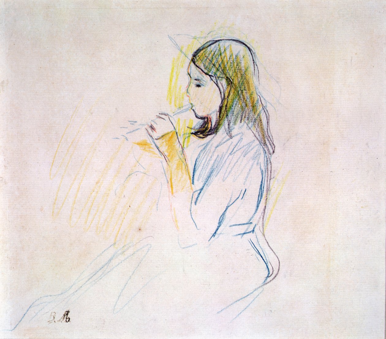 Córka Maneta grająca na flecie (ołówek kolorowy na papierze) autorstwa Berthe Morisot