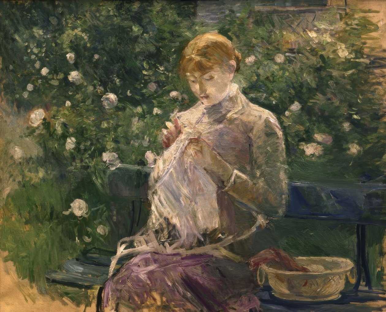 Szycie pasie w Ogrodzie Bougivala – 1881 – 81 × 100 cm – olej na płótnie autorstwa Berthe Morisot