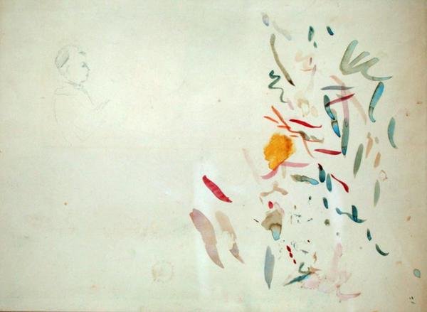 Szkic głowy kobiety i kolorowe linie, prawdopodobnie ze szkicownika, 1887 (toaleta i ołówek na papierze) autorstwa Berthe Morisot