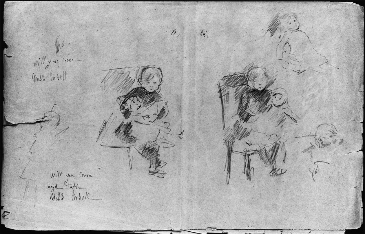 Studia dla dziewczynki z lalką, 1884 (czarny ołów na papierze) autorstwa Berthe Morisot