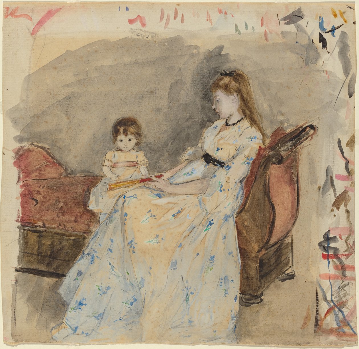 Siostra Artystki Edma z córką Jeanne, 1872 (wc nad grafitem na papierze wykładanym) autorstwa Berthe Morisot