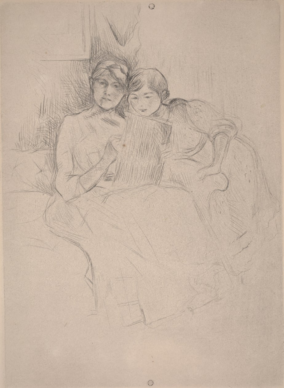 Lekcja rysunku - rysunek Berthe Morisot z córką, ok. 1889-90 (sucha igła) autorstwa Berthe Morisot