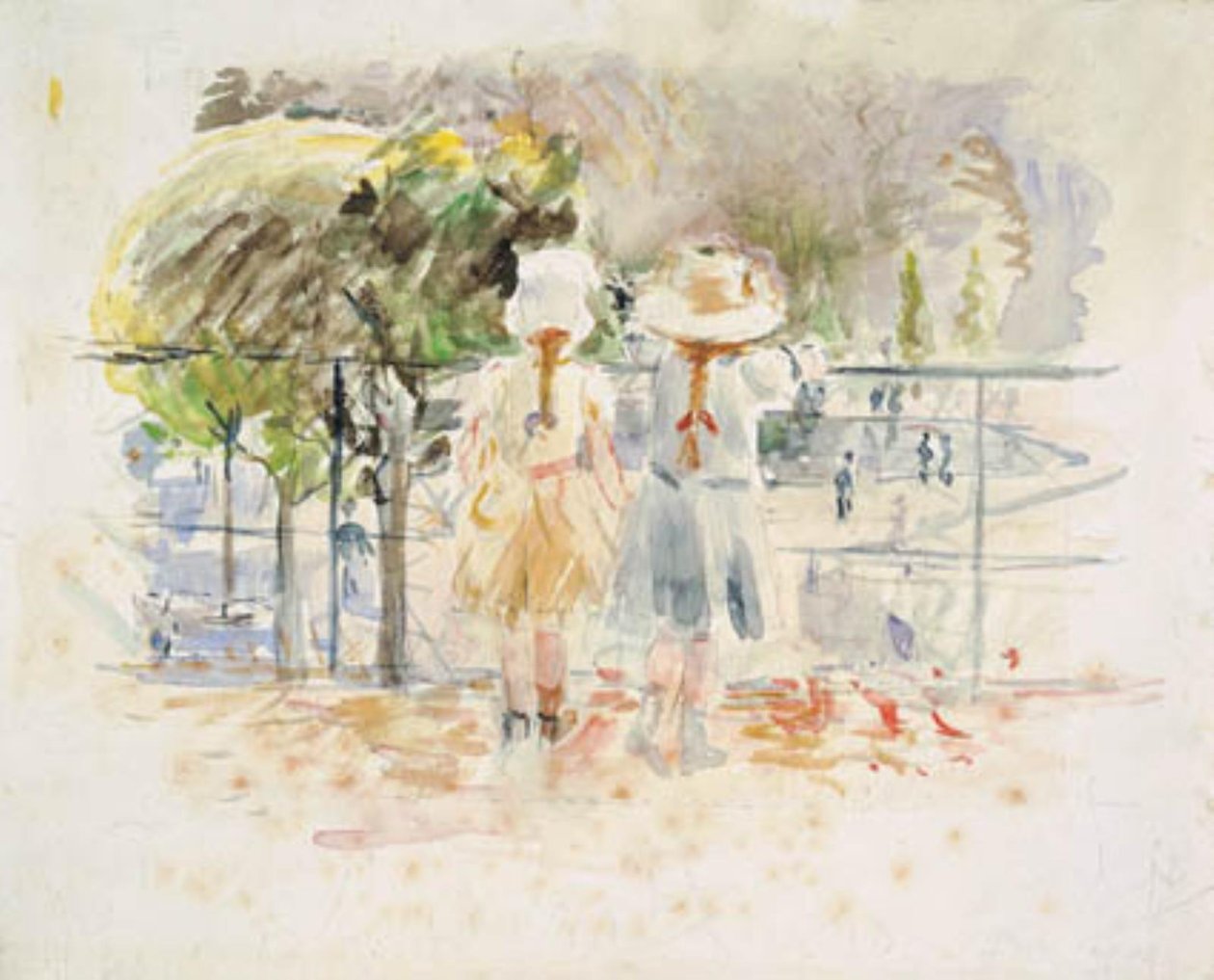 Dwie małe dziewczynki przy balustradzie nad jeziorem w Jardin des Tuileries w Paryżu autorstwa Berthe Morisot