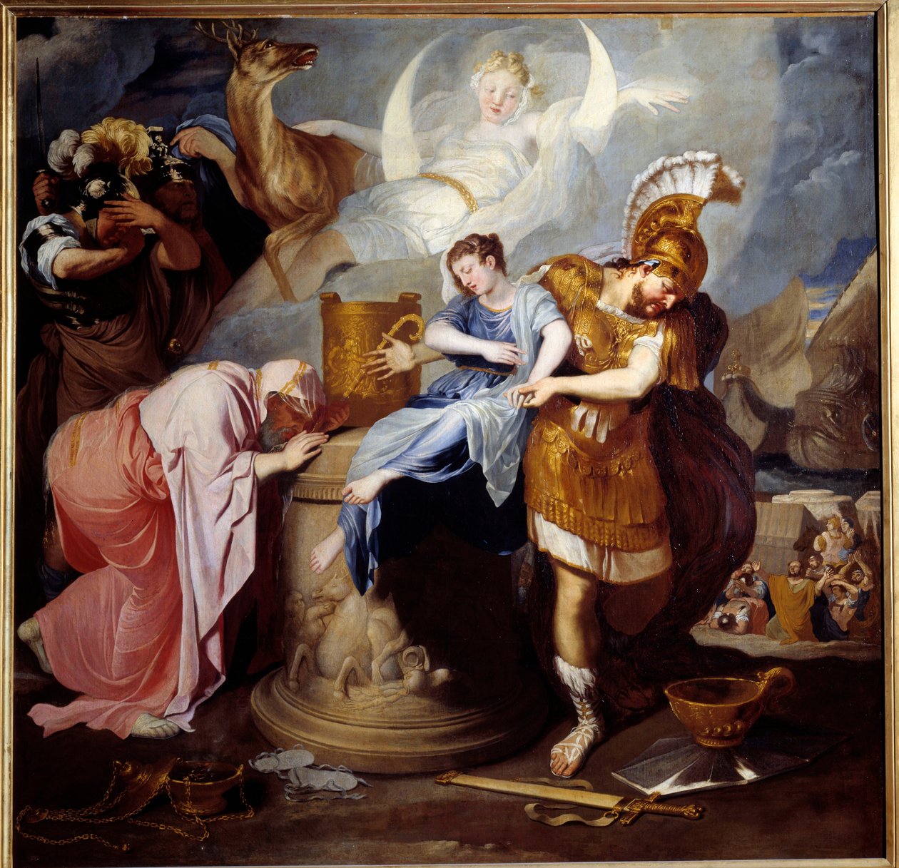 Ofiara Ifigenii, króla Agamemnona, poświęca swoją córkę, aby uspokoić gniew Artemidy. Obraz Bertholet Flemalle (1614-1675) XVII w. Niedz. 1,6x1,63 m² autorstwa Bertholet Flemalle