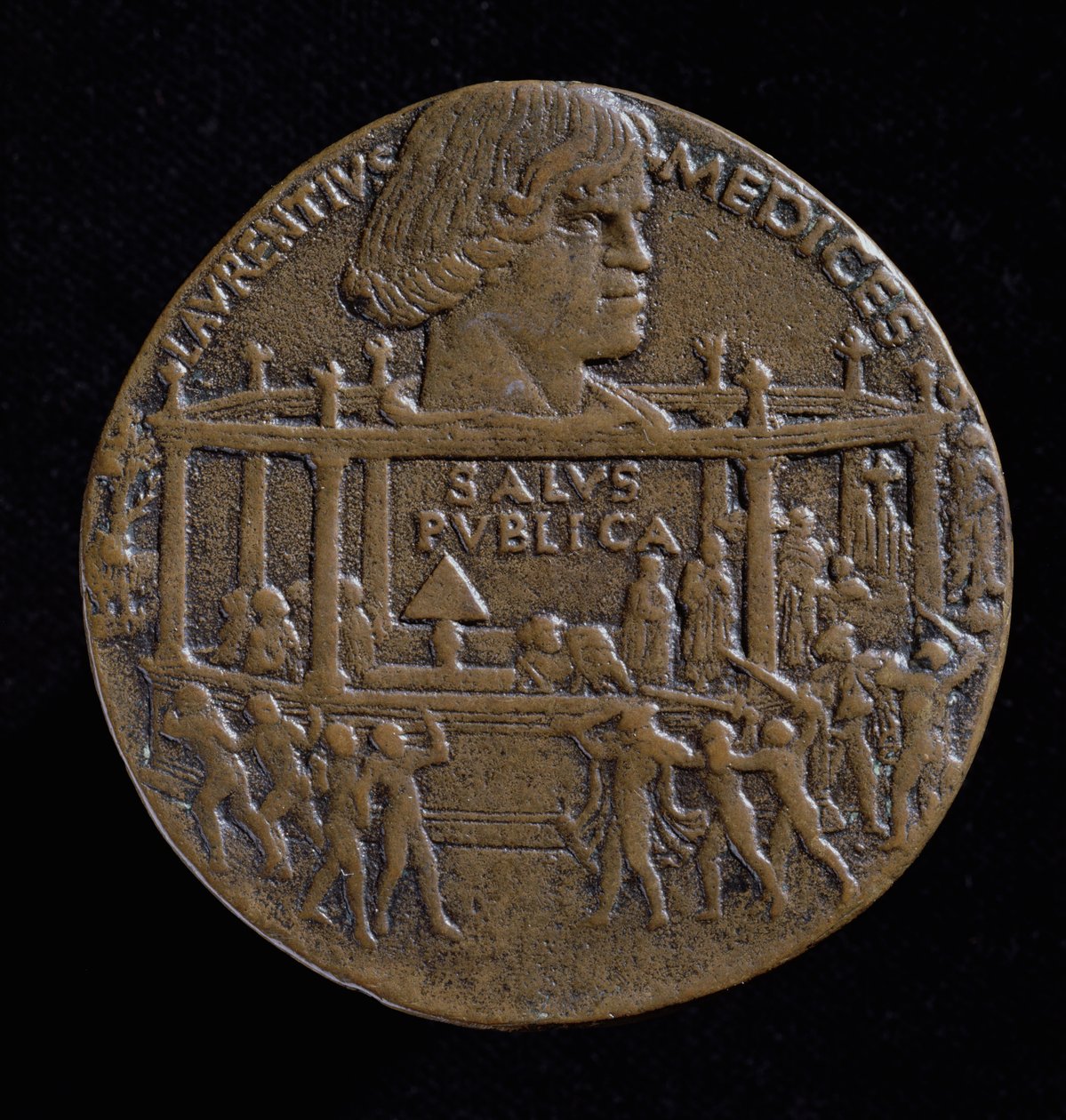 Medal z głową Wawrzyńca Medyceusza (1449-92) upamiętniający spisek Pazzich z 1478 r. (recto) (brąz) (verso zob. 120956) autorstwa Bertoldo di Giovanni