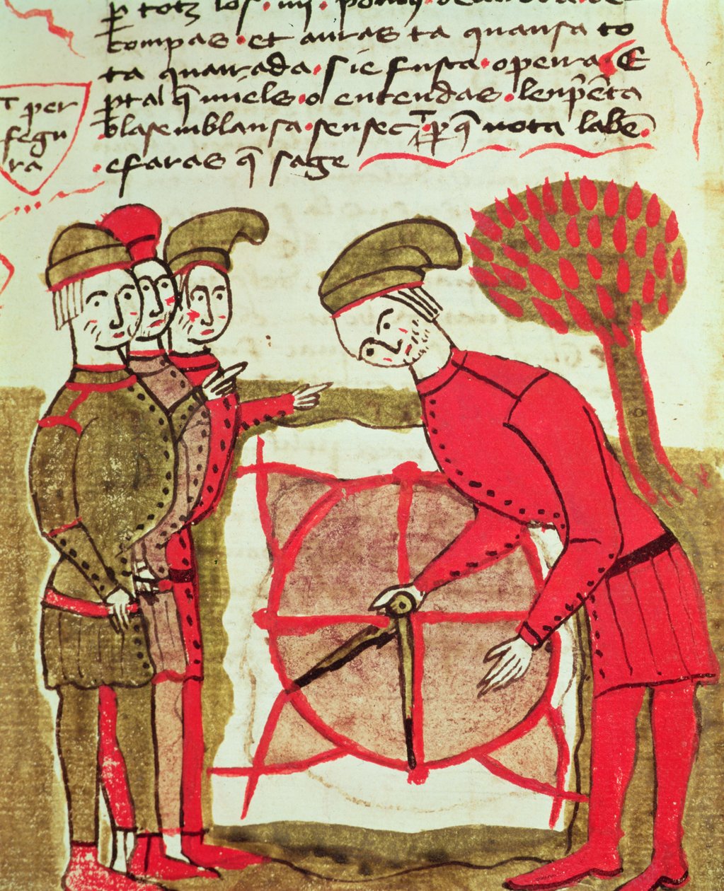 Ms 327 fol.216v Geodeci pracujący z planem i cyrklami, z Traite dArpentage Arnauda de Villeneuve (1240-1312) autorstwa Bertrand Boysset
