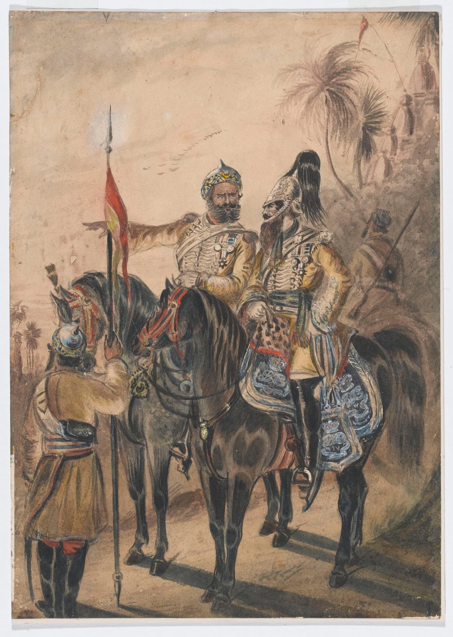 Dwóch konnych oficerów i jeden sowar, 4. bengalska kawaleria nieregularna, ok. 1850 (akwarela) autorstwa Bethune Donald Grant