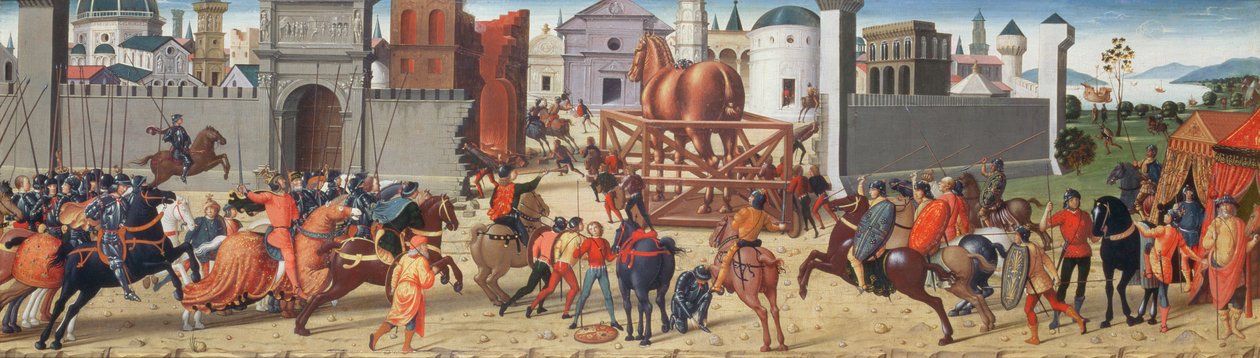 Oblężenie Troi II: Drewniany koń, ok. 1490-95 (patrz także 69652) autorstwa Biagio di Antonio