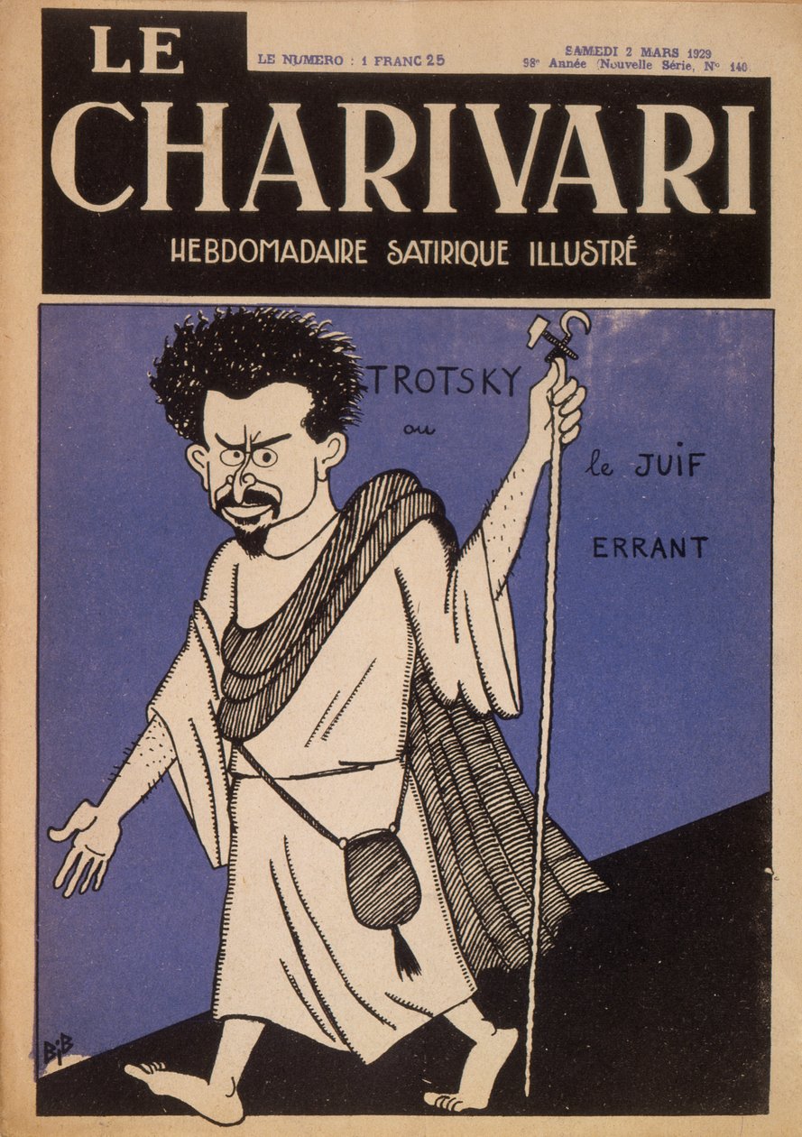 Karykatura Leona Trockiego (1879-1940) jako Żyda tułającego się, okładka magazynu „Le Charivari”, marzec 1929 (kolor lito) autorstwa Bib