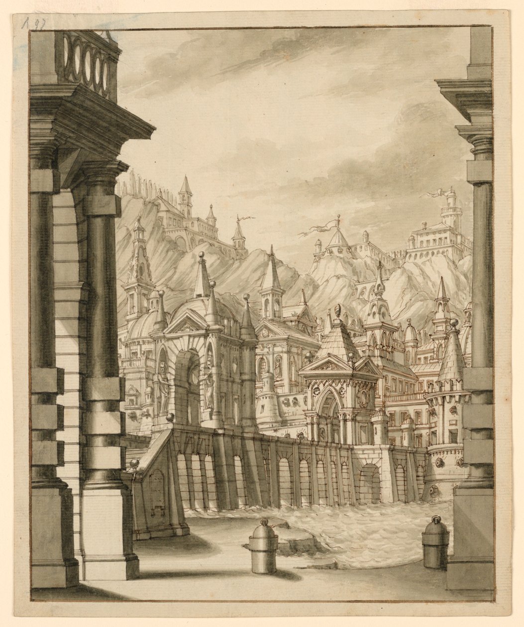 Scenografia, Miasto na wzgórzu z wieżowcami autorstwa Bibiena Family, 1657