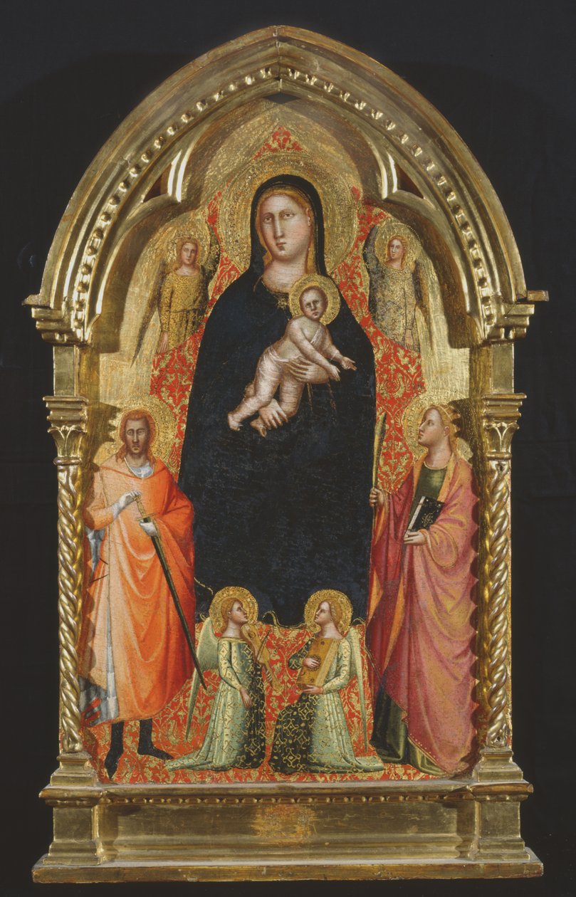 Madonna z Dzieciątkiem na tronie ze świętymi Katarzyną i Giuliano i aniołami (tempera na panelu) autorstwa Bicci di Lorenzo
