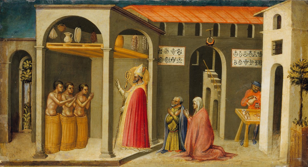 Św. Mikołaj wskrzeszający troje młodzieńców, 1433-35. autorstwa Bicci di Lorenzo