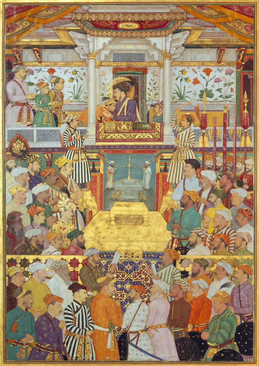 Tabliczka Padshahnama 10: Szah-Dżahan przyjmuje swoich trzech najstarszych synów i Asafa Khana podczas ceremonii akcesyjnych (8 marca 1628) autorstwa Bichitr