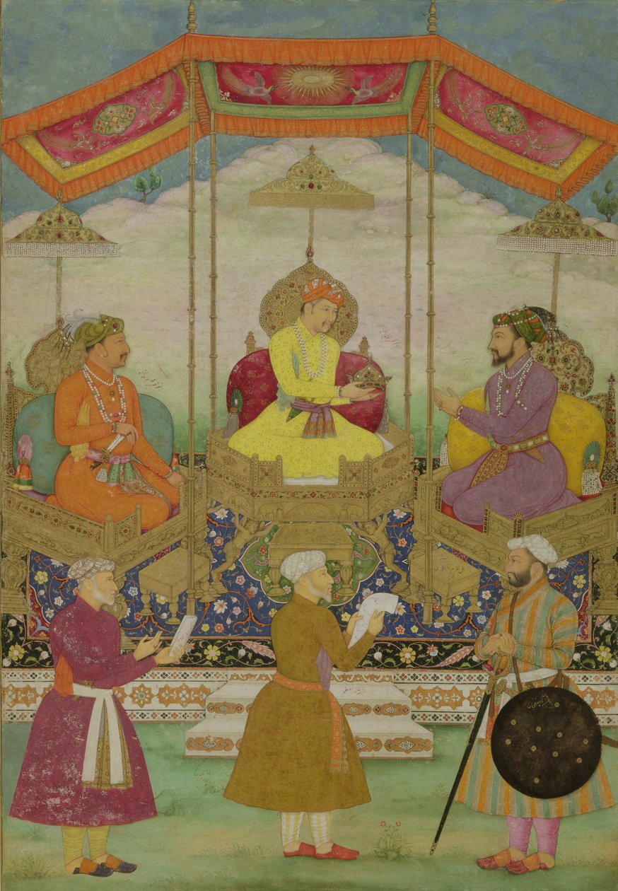 Cesarz Mogołów Akbar (ok. 1605) (w środku) Symbolicznie przekazujący koronę od swojego syna Jahangira do wnuka Szahdżahana (1627-1658) ok. 1630 autorstwa Bichtir