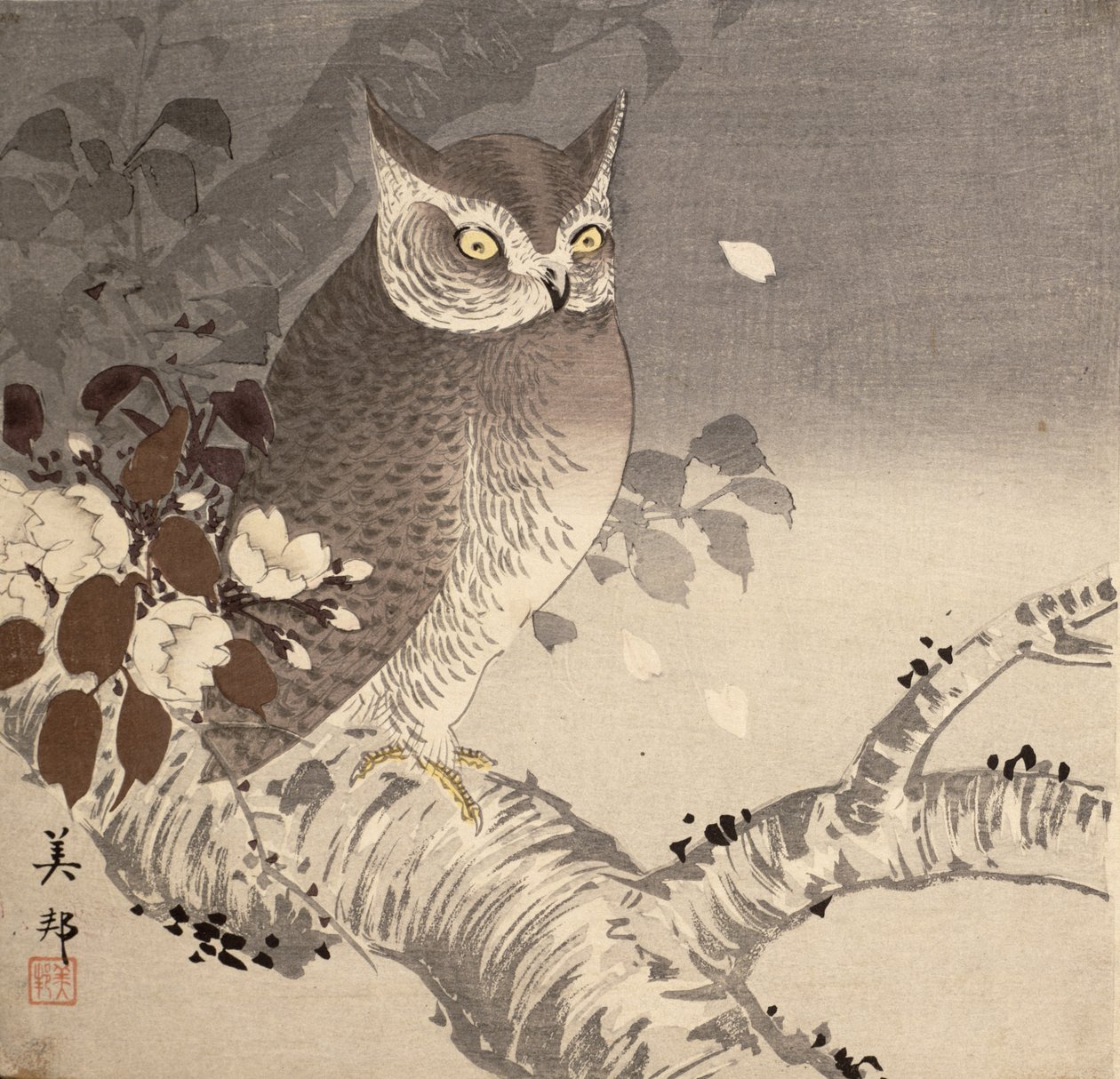 Sowa na gałęzi drzewa autorstwa Biho Takashi or Takahashi (b. 1873. fl 1890 1930)