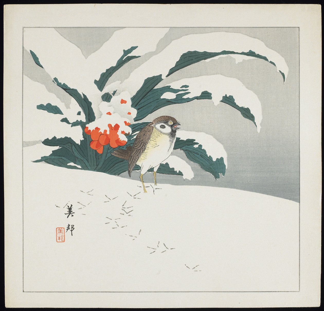 Ptak w śniegu, początek XX wieku autorstwa Biho Takashi or Takahashi (b. 1873. fl 1890 1930)