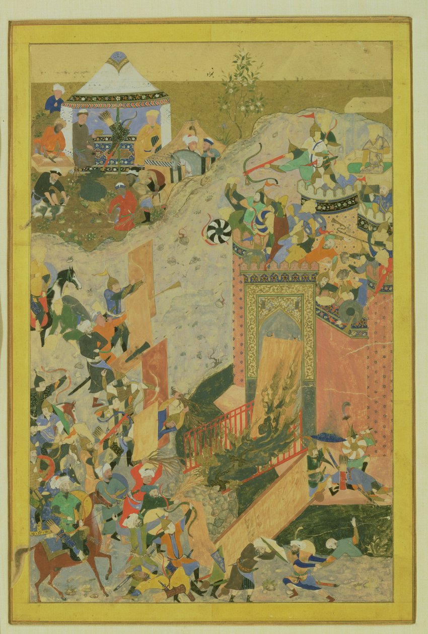 Szturm na zamek, perski, okres Timurydów (1370-1506) ok. 1475-1500 (wc i złoty płatek na papierze) autorstwa Bihzad attr. to Bihzad attr. to