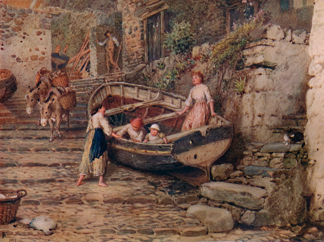 Widok na Clovelly, ze splecioną łodzią i figurami, 1882, 1935 autorstwa Birket Foster