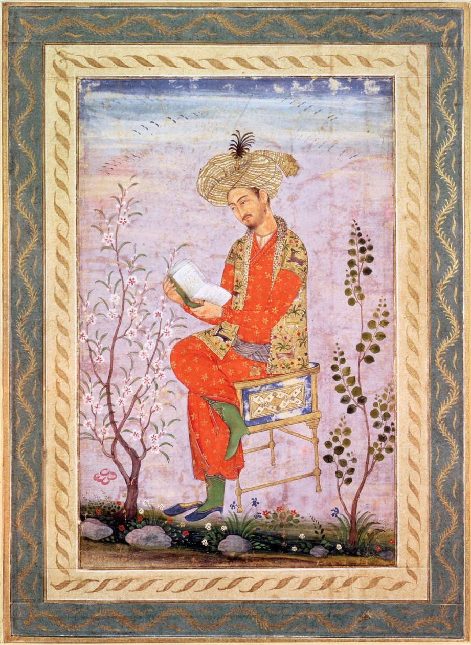 Babur (r.1526-30) Czytanie, Mogołów (akwarela na papierze) autorstwa Bishn Das