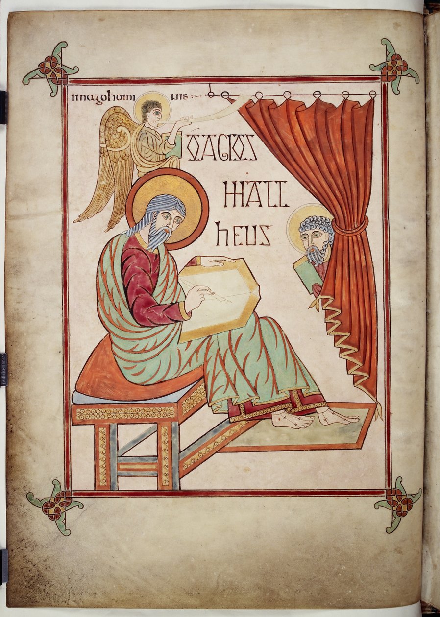 Bawełna Nero D. IV, f.25v Św. Mateusz, piszący ze swoim symbolem, z Ewangelii z Lindisfarne, 710-721 (welum) autorstwa Bishop of Lindisfarne Eadfrith
