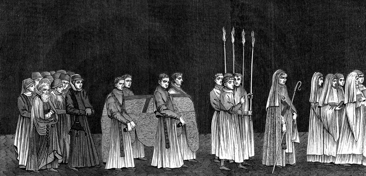 Rektor uniwersytetu i procesja mnichów z opactwa Świętych Wiktorów, XV w. 1849 r. autorstwa Bisson and Cottard