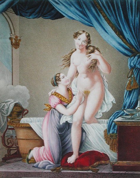 Kobieta wychodząca z kąpieli w asyście pokojówki, ok. 1820 (kolorowy grawerunek) autorstwa Blaizot (after)