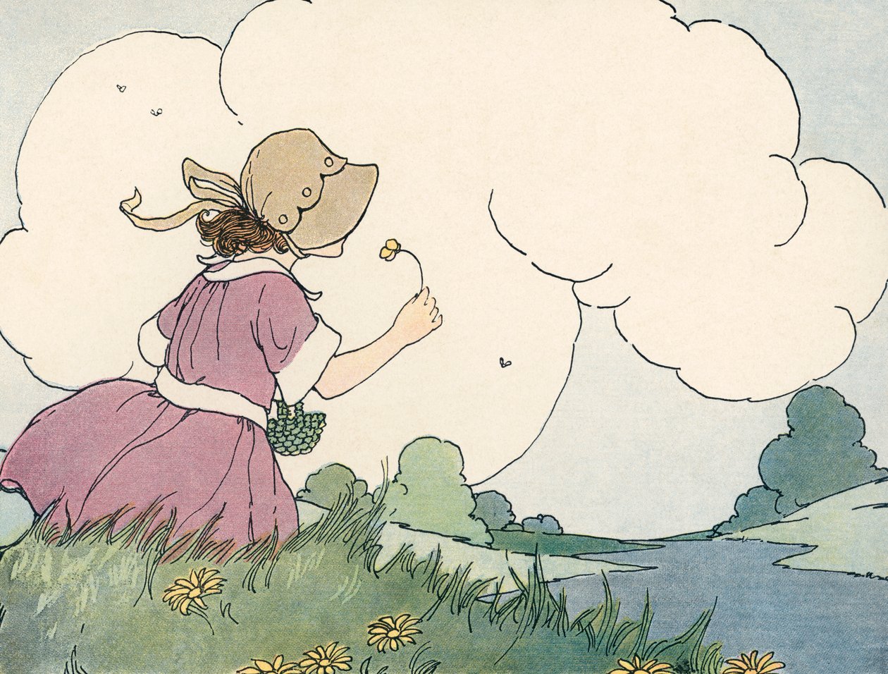 Młoda dziewczyna wącha dzikiego kwiatu na letnim niebie autorstwa Blanche Fisher Wright