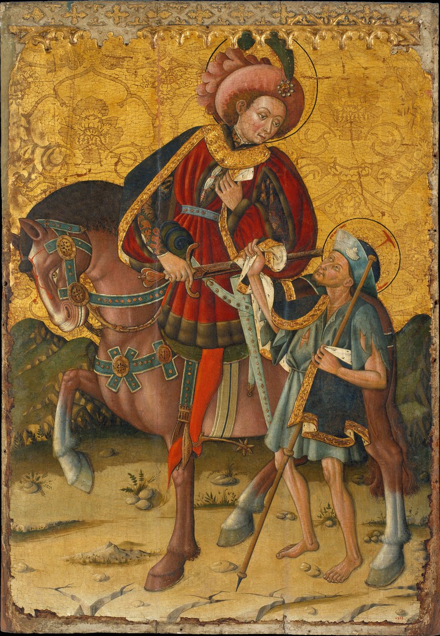 Św. Marcin z Tours (lub Miłosierny) (316-397), obcinający płaszcz, by podzielić się nim z biednym człowiekiem - Obraz Blasco de Granena (?-1459), tempera na desce (153,5x106 cm), ok. 1440 - Święty Marcin Dzieląc Się Płaszczem, Tempera na panelu Blasco de autorstwa Blasco de Granen