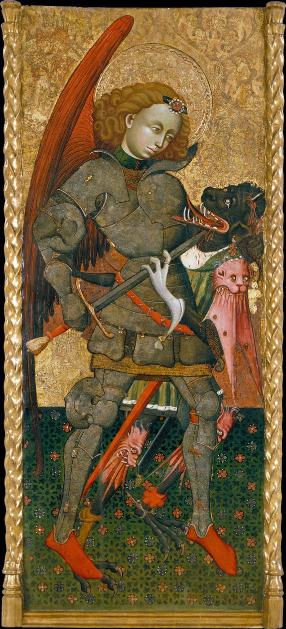 Święty Michał Archanioł zabijający diabła - Obraz Blasco de Granena (?-1459), tempera na desce (183,7x82 cm), ok. 1440 - Święty Michał Archanioł, Tempera na desce autorstwa Blasco de Granena, c1440 - Museu Nacional d "Sztuka z Katalonii, Barcelona" autorstwa Blasco de Granen