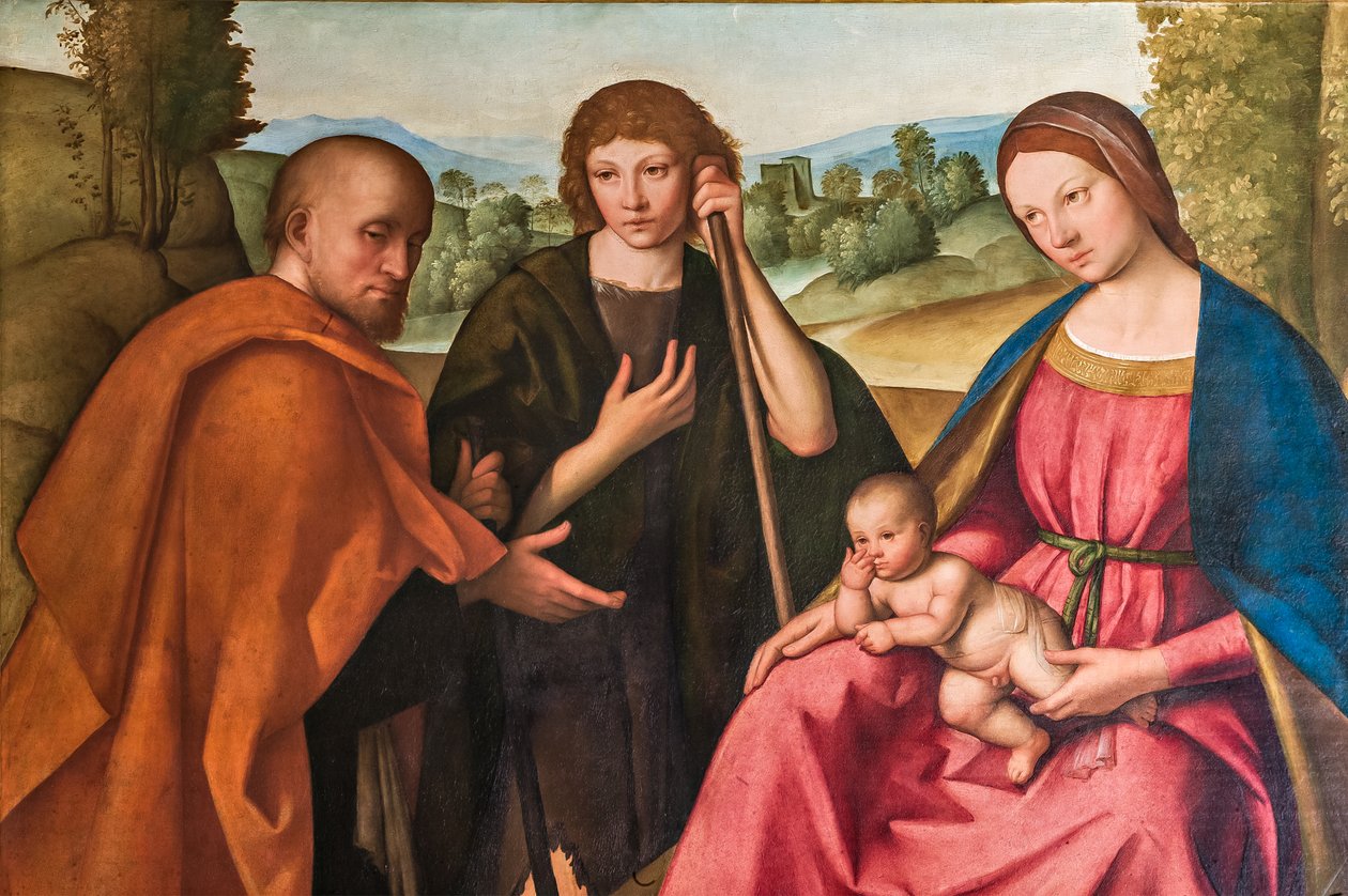 Adoracja Madonny pasterskiej z Dzieciątkiem Jezus i dwoma pasterzami, fragment 2384594 autorstwa Boccaccio Boccaccino