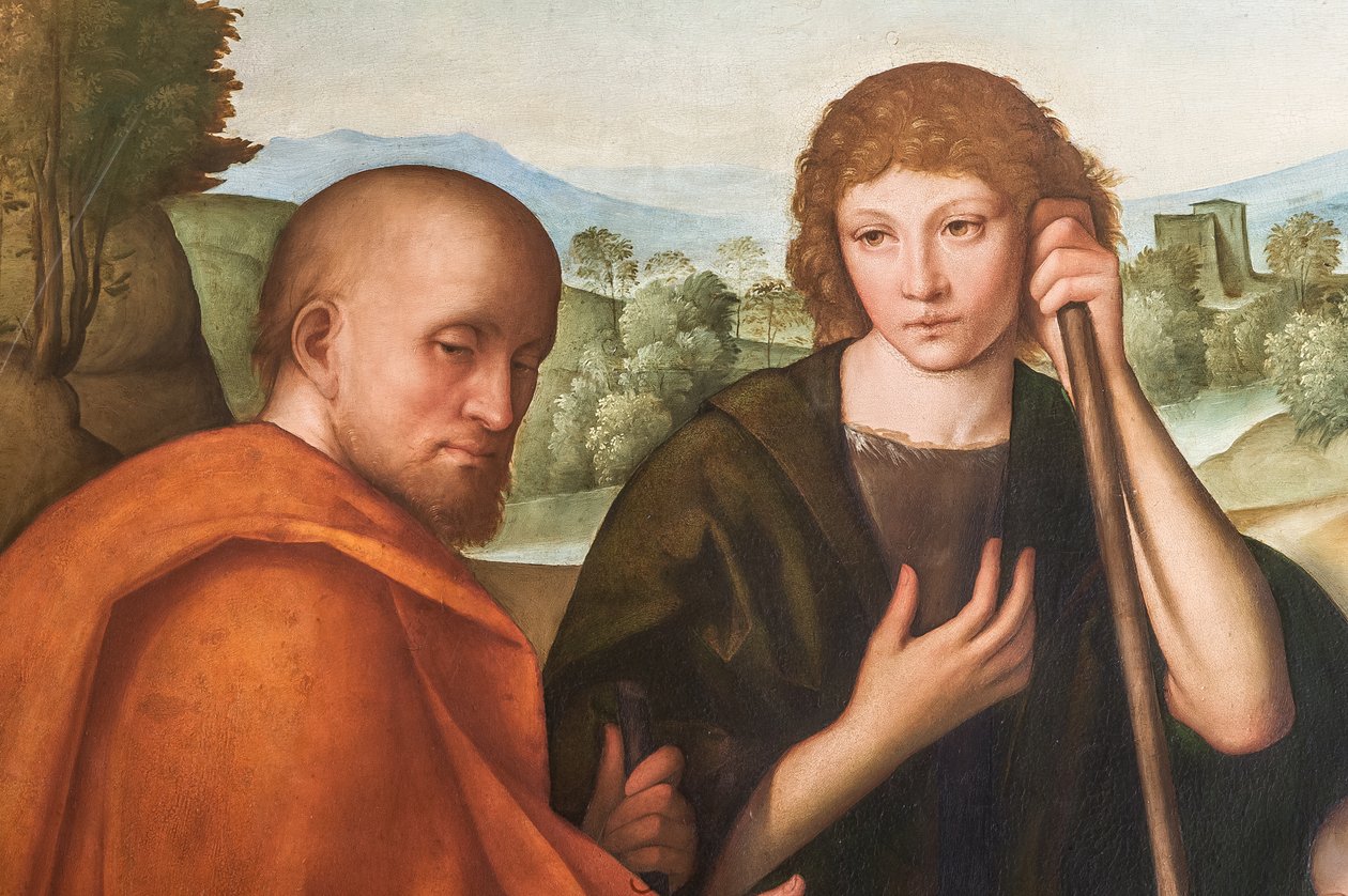 Adoracja Madonny pasterskiej z Dzieciątkiem Jezus i dwoma pasterzami, fragment 2384594 autorstwa Boccaccio Boccaccino