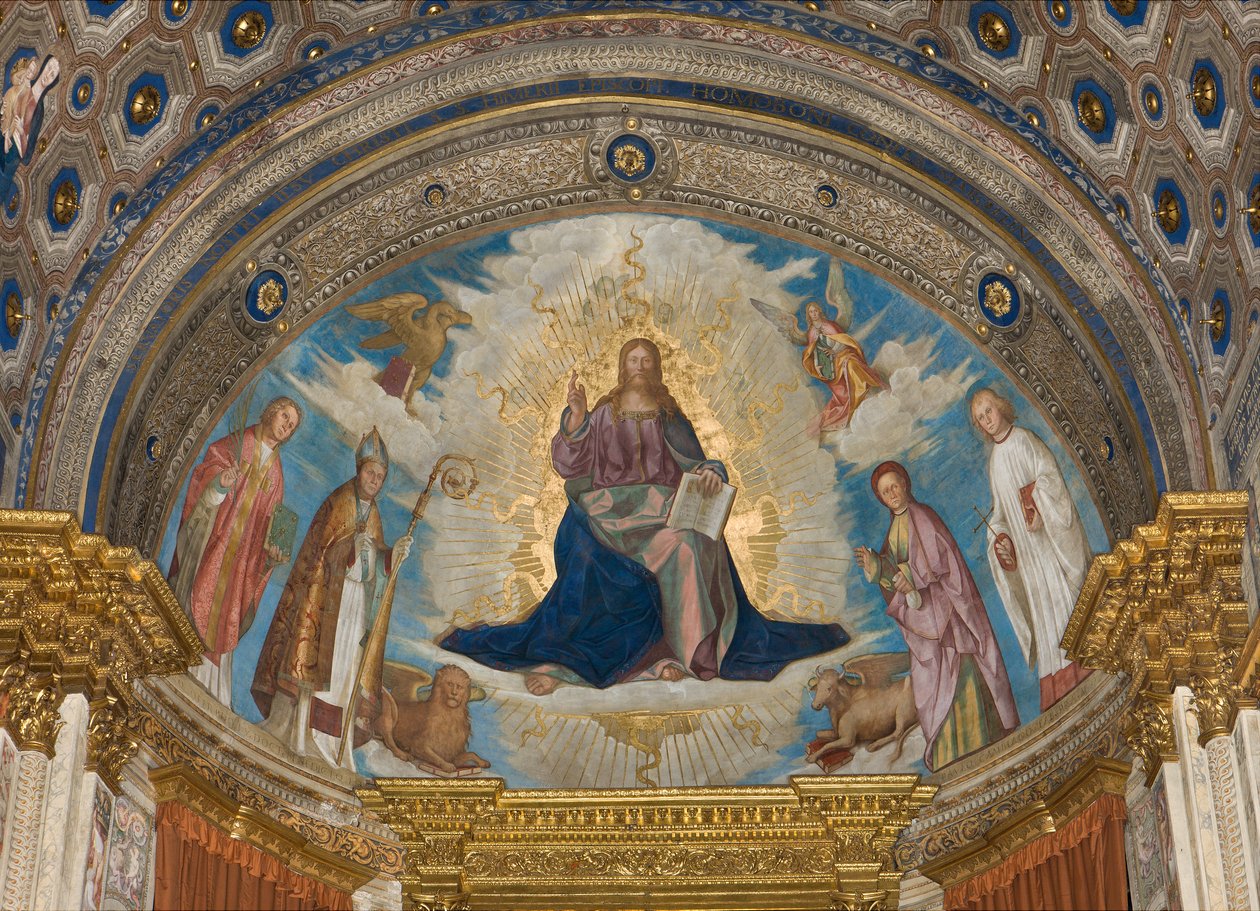 Apsyda, apsyda Catino, Boccaccio Boccaccino, Pantokrator wśród świętych Marcellino, Imerio, Omobono, Piotr Egzorcysta autorstwa Boccaccio Boccaccino