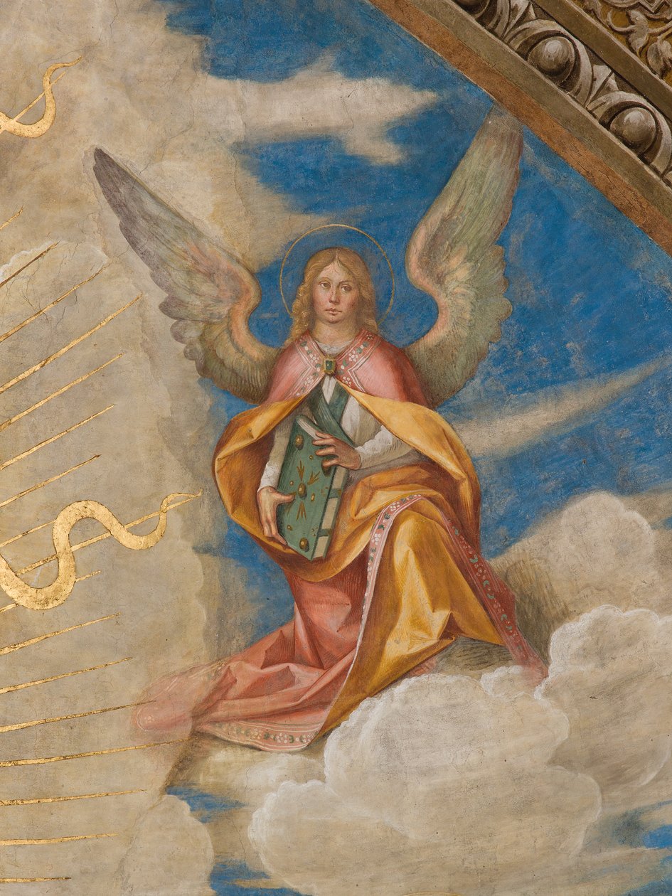 Apsyda, Catino Apse, Boccaccio Boccaccino, Pantokrator wśród świętych Marcellino, Imerio, Omobono, Piotr Egzorcysta, Szczegół Anioł po prawej autorstwa Boccaccio Boccaccino