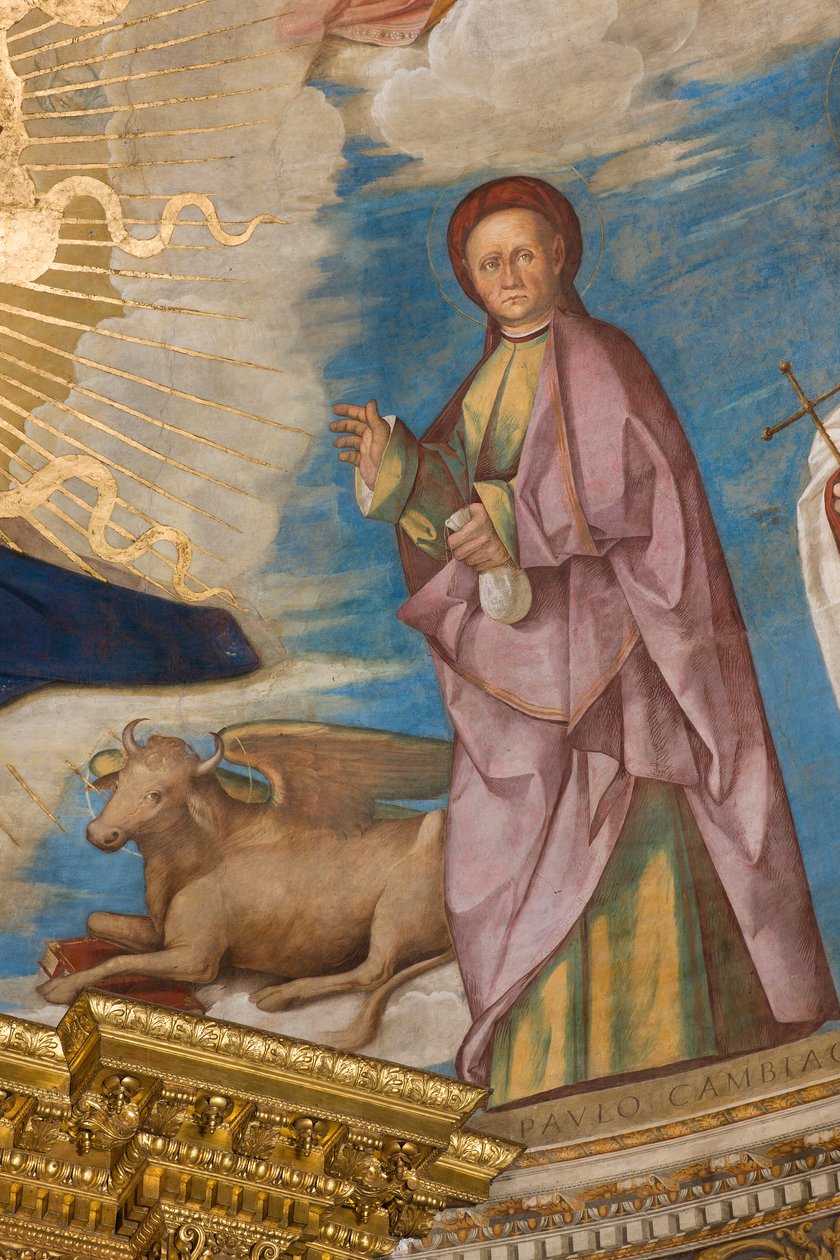 Apsyda, Catino Apse, Boccaccio Boccaccino, Pantokrator wśród świętych Marcellino, Imerio, Omobono, Piotr Egzorcysta, Detail St. Omobono autorstwa Boccaccio Boccaccino