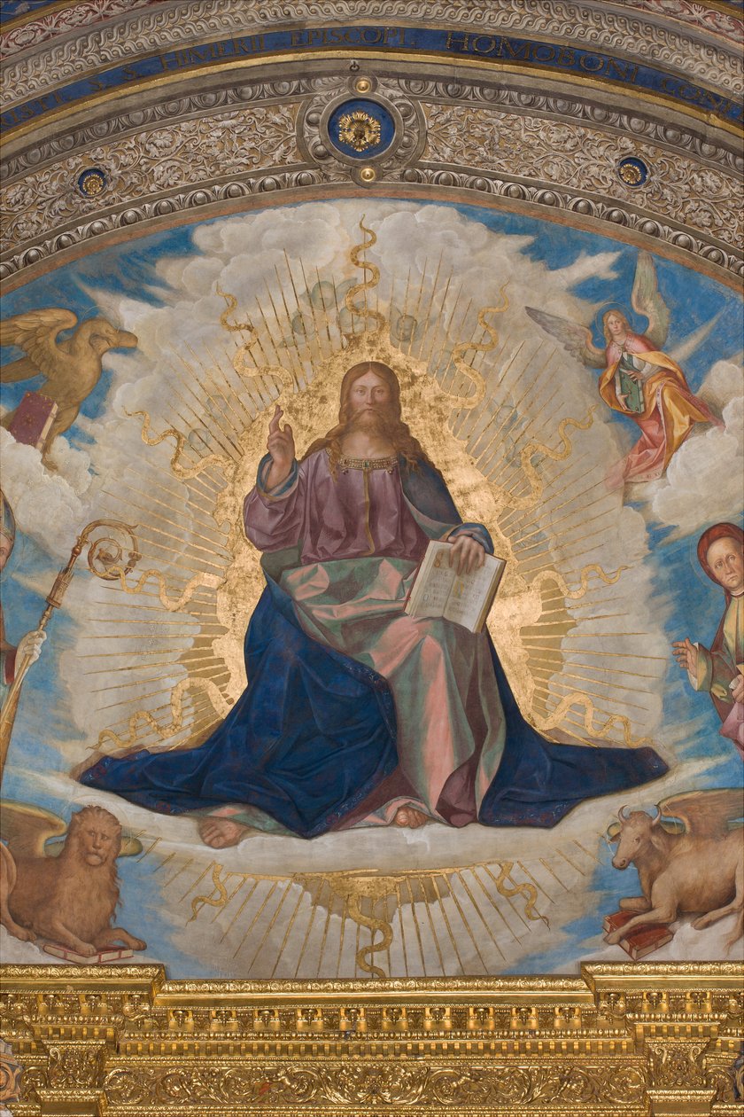 Apsyda, apsyda Catino, Boccaccio Boccaccino, Pantokrator wśród świętych Marcellino, Imerio, Omobono, Piotr Egzorcysta, Pantokrator szczegółu autorstwa Boccaccio Boccaccino
