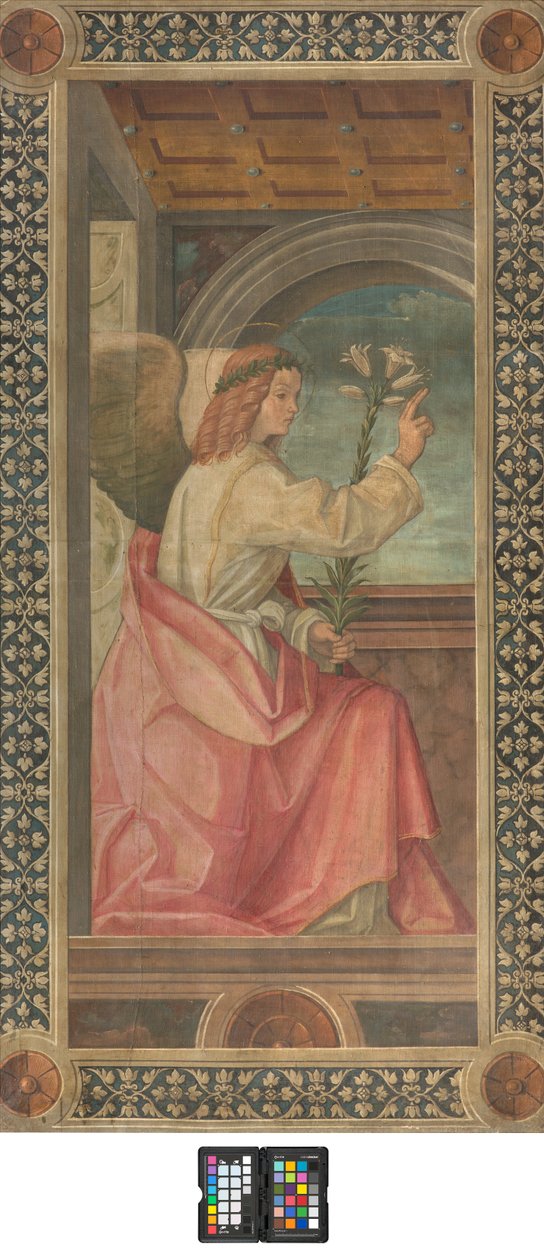 Kontofasada południowy transept, Boccaccio Boccaccino, Szczegół Zwiastowania Anioła, początek XVI w., fresk rozdarty autorstwa Boccaccio Boccaccino