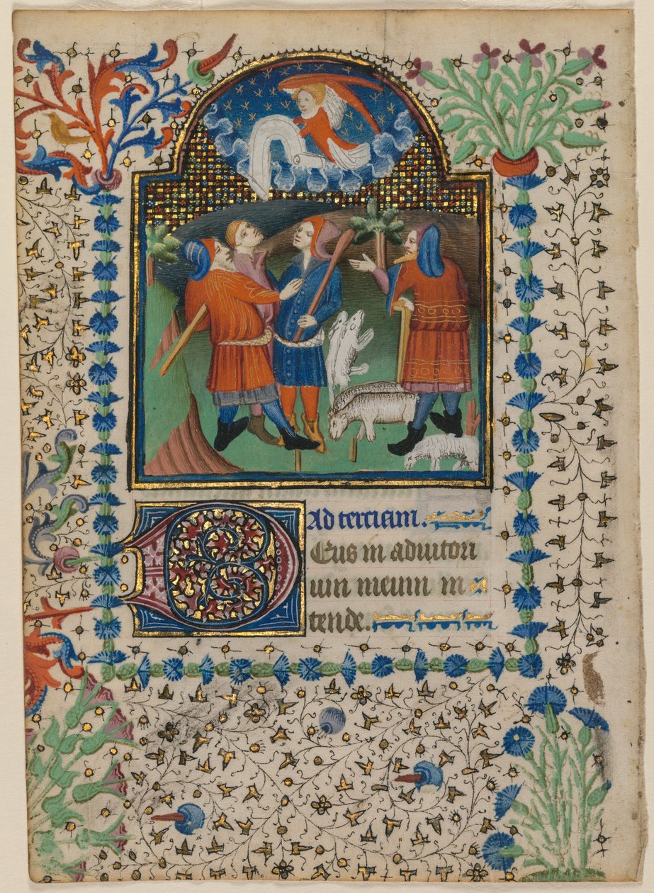 Kartka z Księgi Godzin: Zwiastowanie pasterzom recto, ok. godz. 1410-20. autorstwa Boethius Illuminator