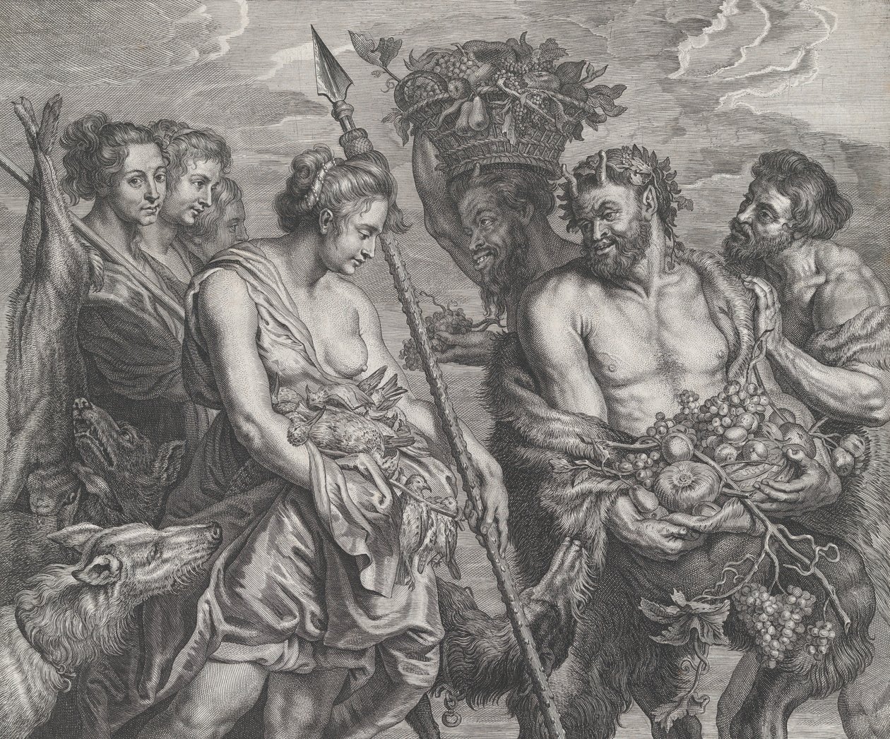Diana wracająca z pościgu, w towarzystwie psów i jej nimf po lewej stronie, dwie siedzieli..., ca. 1640-59. autorstwa Boetius Adams Bolswert
