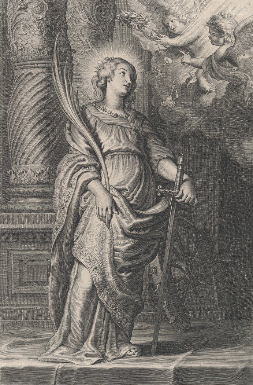Święta Katarzyna trzymająca liście palmowe i miecz, nad głową dwa putta trzymające wawrzyn..., ca. 1625-59. autorstwa Boetius Adams Bolswert