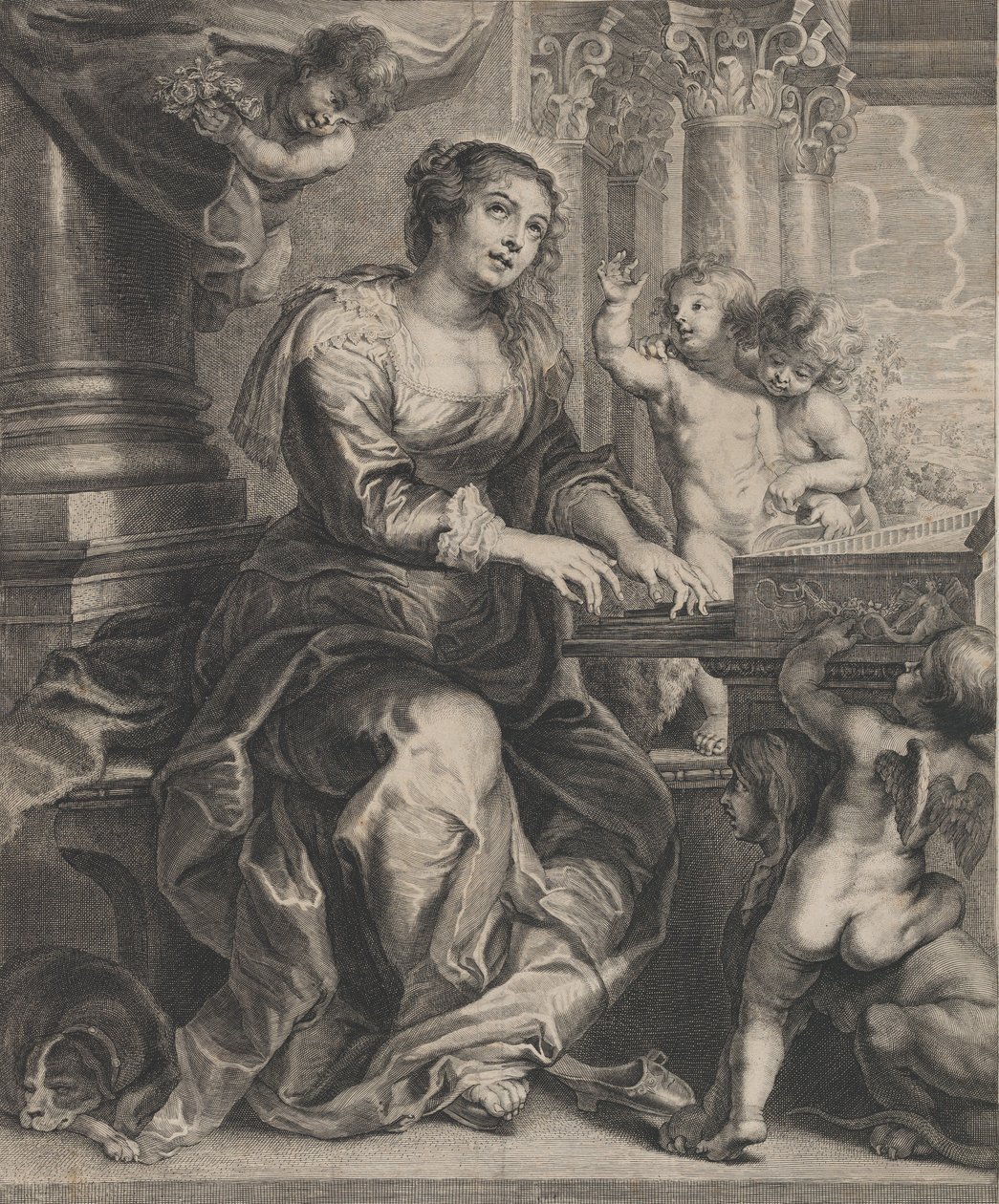 Święta Cecylia grająca na organach w otoczeniu puttów, ca. 1640-59. autorstwa Boetius Adams Bolswert