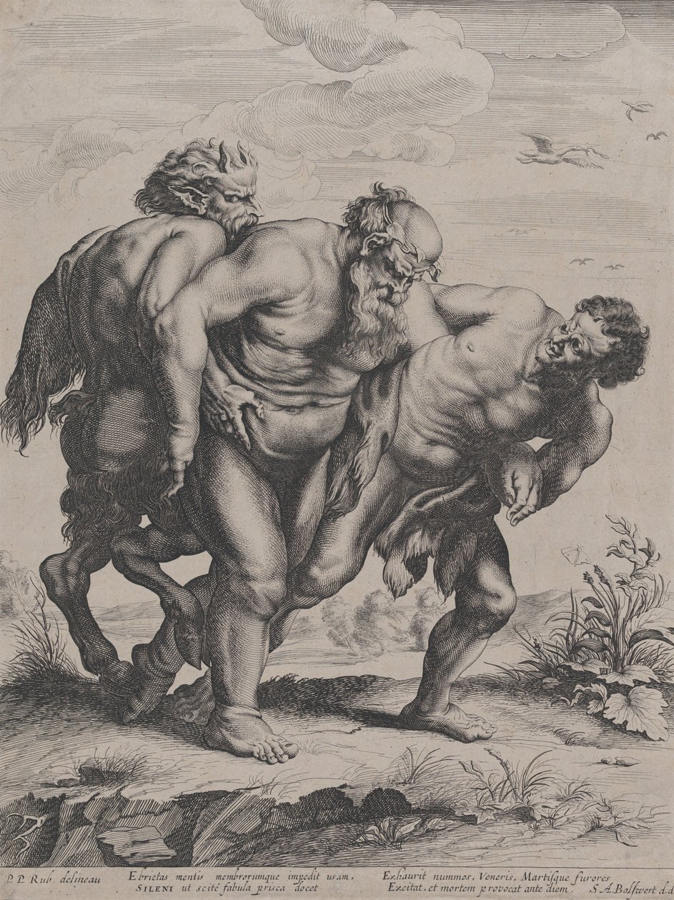 Pijany Silenus, wspierany przez satyra i fauna, 1625-5 autorstwa Boetius Adams Bolswert