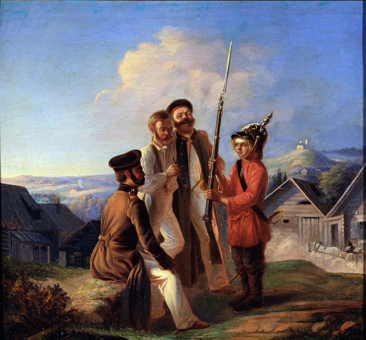 Osada wojskowa. Żołnierze wyśmiewają się z młodego chłopca, któremu dali hełm i broń. Obraz Bogdana Bogdanovicha Greima (ok. 1827-1885), olej na płótnie. XIX-wieczna sztuka rosyjska. Państwowe Muzeum Sztuki Republiki Kar autorstwa Bogdan Bogdanovic Greim