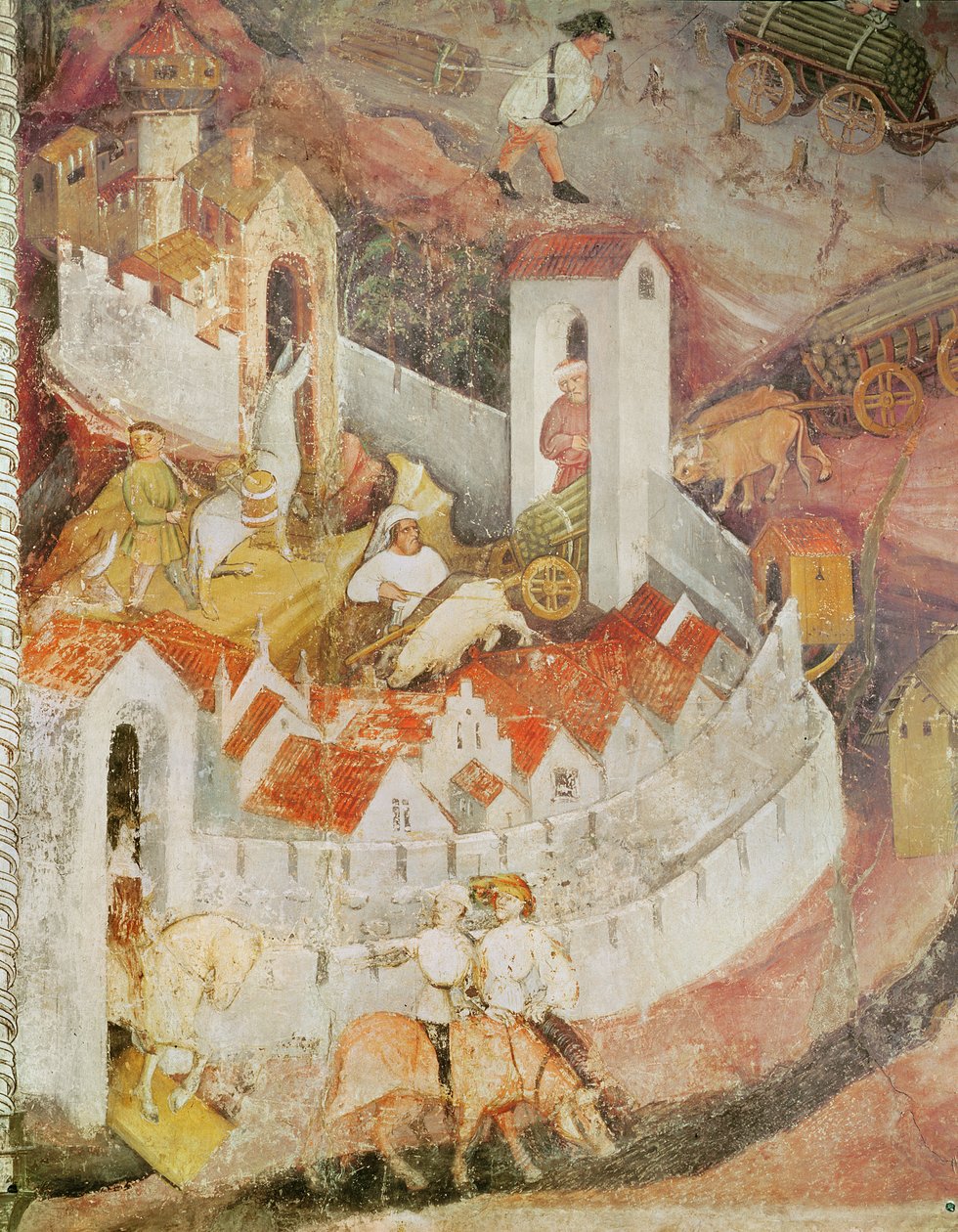 Miesiąc grudzień, detal transportu pni drzew, ok. 1400 r. autorstwa Bohemian School