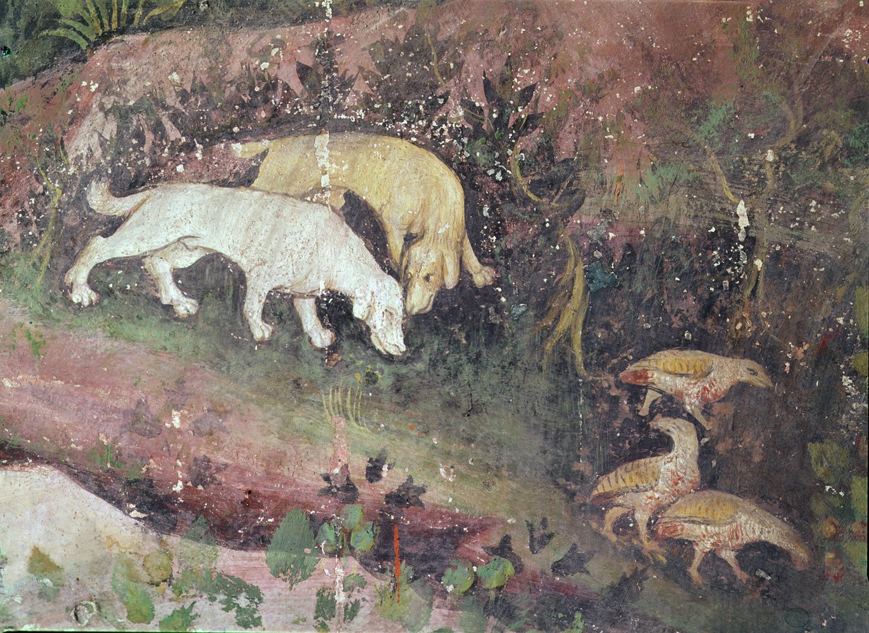 Miesiąc czerwiec, detal przedstawiający psy i kuropatwy, ok. 1400 r. autorstwa Bohemian School