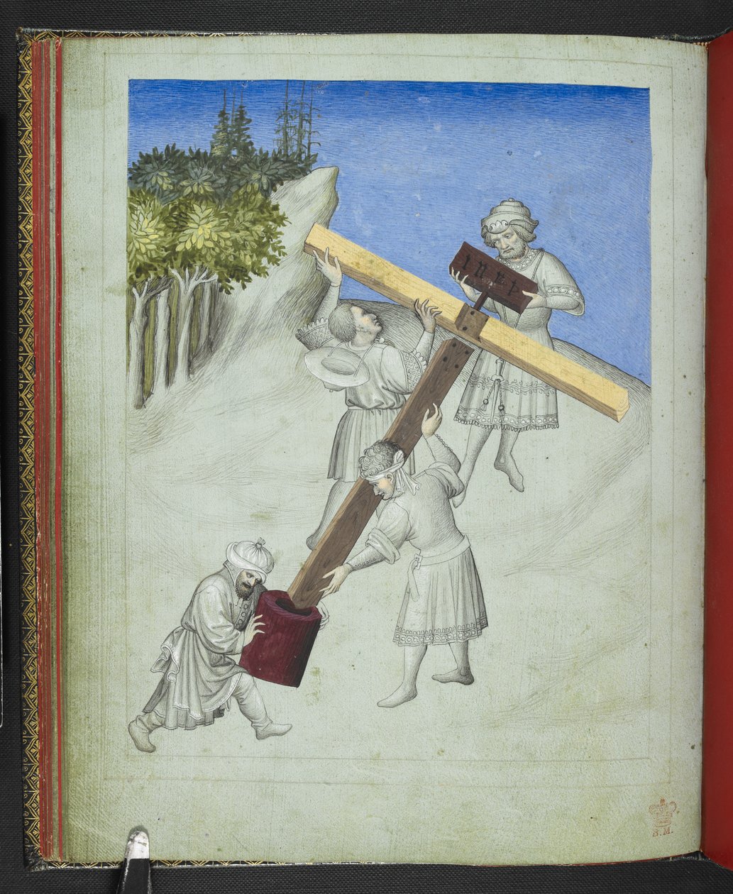 Dodaj 24189, f.11v, Montaż krzyża Chrystusa, z czterech różnych rodzajów drewna, przedstawionych w różnych kolorach, z „Picture Book of Sir John Mandeville