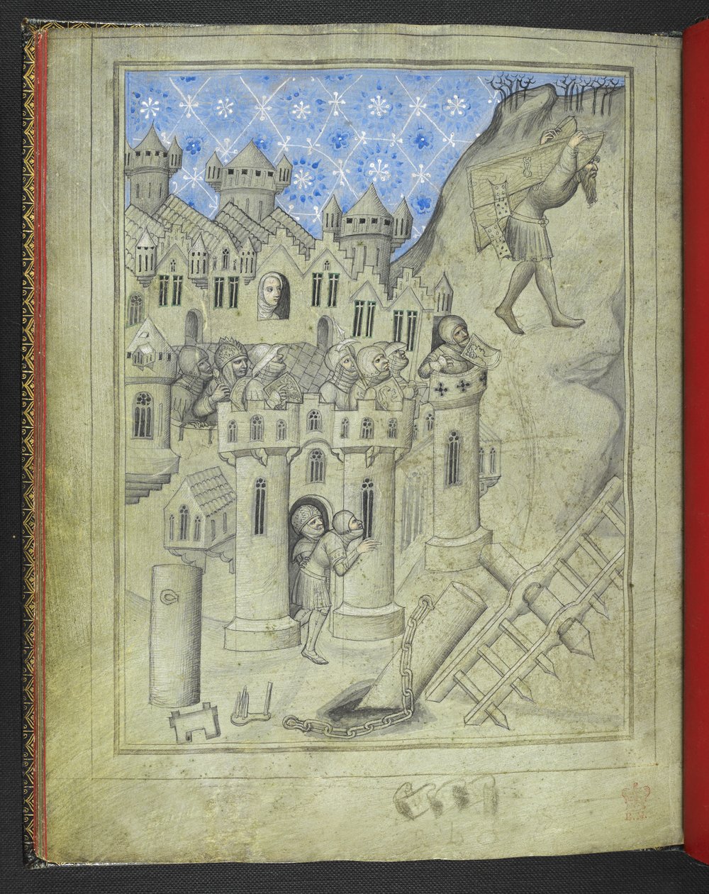 Dodaj 24189. f.16v, Samson niosący bramy Gazy, obserwowany z murów miasta przez uzbrojonych żołnierzy i, w oknie, Delilah, z 