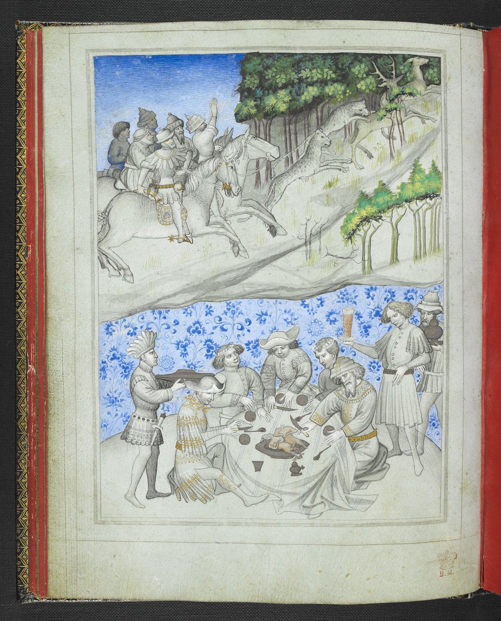 Dodaj 24189, f.5v, Rekreacja na Cyprze, powyżej polowanie na jelenie z użyciem lampartów, a poniżej uczta z „Picture Book of Sir John Mandeville